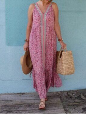 J. JIll Relaxed Fit Flounce Hem Sleeveless Pink Floral Maxi Dress Large Petite